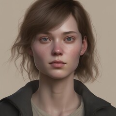 A highly detailed, hyper-realistic close-up portrait of an AI-generated human face. This digital artwork features lifelike skin textures, expressive eyes, and natural lighting.
