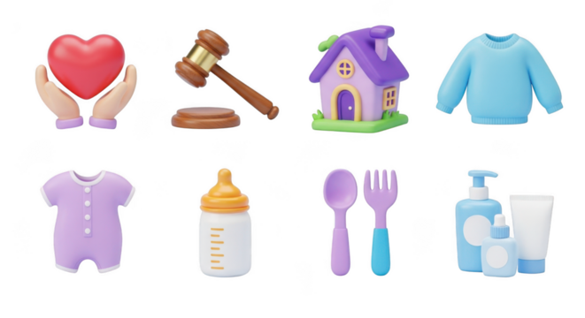 Compilation of items representing family home health justice and baby care essentials