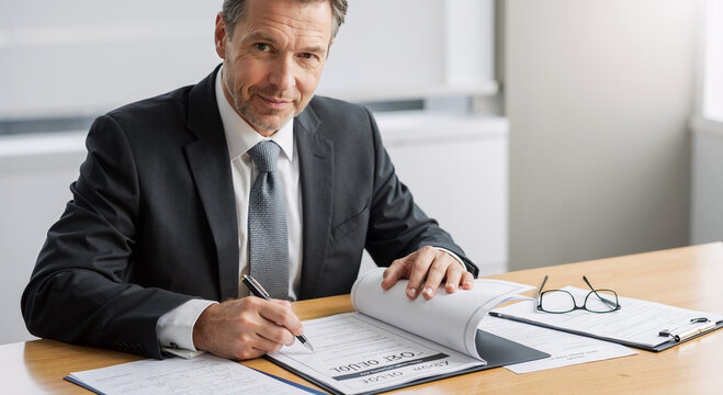 confident businessman reviewing financial documents in modern office - Powered by Adobe