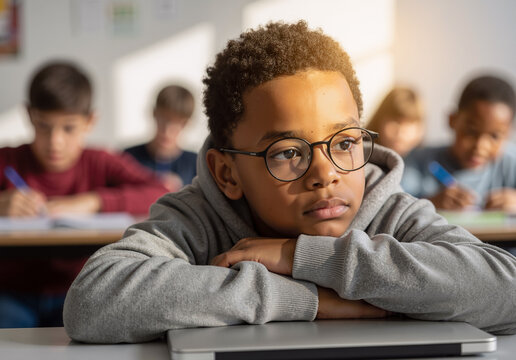 thoughtful boy with glasses in classroom during study time on a sunny day