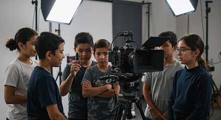 young media students learning filmmaking techniques with professional camera equipment
