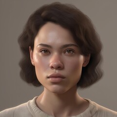 A highly detailed, hyper-realistic close-up portrait of an AI-generated human face. This digital artwork features lifelike skin textures, expressive eyes, and natural lighting.