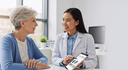 asian doctor demonstrating test results on tablet to elderly caucasian woman in modern clinic
