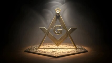 Golden compass and square freemason symbol with letter G. Illuminati and mystery concept for secret society video footage.