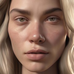 A highly detailed, hyper-realistic close-up portrait of an AI-generated human face. This digital artwork features lifelike skin textures, expressive eyes, and natural lighting.