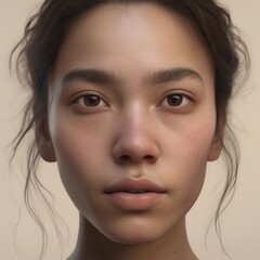 A highly detailed, hyper-realistic close-up portrait of an AI-generated human face. This digital artwork features lifelike skin textures, expressive eyes, and natural lighting.