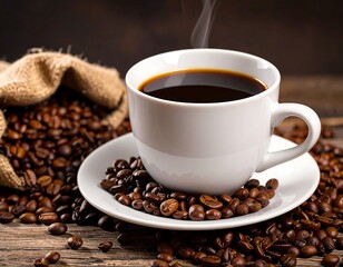 A white coffee cup filled with dark coffee, steaming slightly, sits on a saucer amongst coffee beans.  A burlap sack of coffee beans is in the background