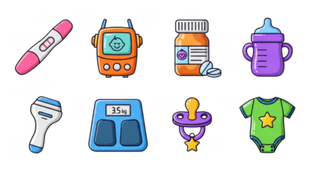 Cute baby care icons set pregnancy test scale pacifier onesie bottle medication