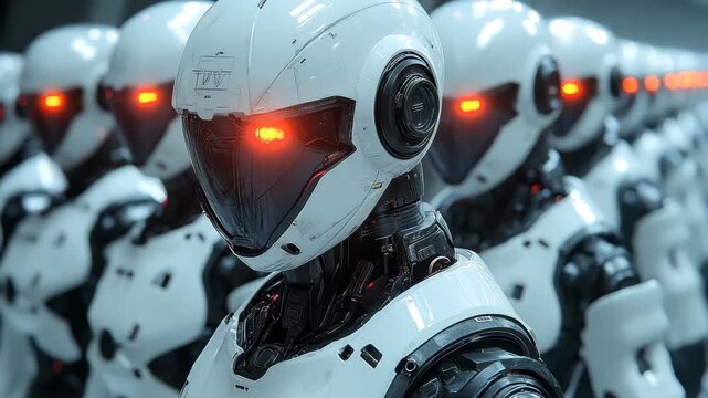 Rows of futuristic white robots stand with glowing red eyes, conveying a sense of advanced technology and artificial intelligence threat
