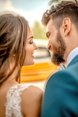 Fototapeta premium Young caucasian couple embracing in wedding attire outdoors