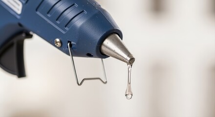 close-up of glue gun with melting adhesive drop in a workshop setting