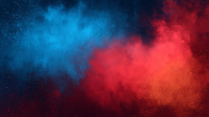 Obraz premium Abstract Clash of Glowing Red and Blue Powder Explosion on a Dark Background, Dynamic Colorful Dust Cloud Texture Overlay for Design