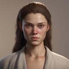 A highly detailed, hyper-realistic close-up portrait of an AI-generated human face. This digital artwork features lifelike skin textures, expressive eyes, and natural lighting.