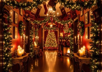 Fototapeta premium festive christmas living room with decorated tree, garlands, candles, and fireplace