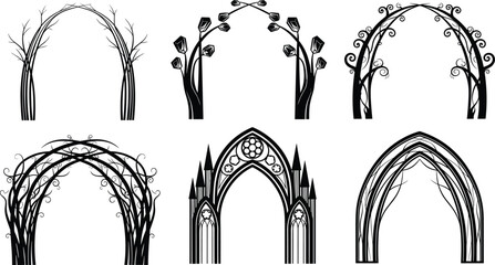 Fantasy and gothic decorative archways, ornate silhouette illustration, tree and vine arches, architectural entrance designs, black vector artwork collection