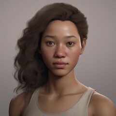 A highly detailed, hyper-realistic close-up portrait of an AI-generated human face. This digital artwork features lifelike skin textures, expressive eyes, and natural lighting.