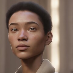 A highly detailed, hyper-realistic close-up portrait of an AI-generated human face. This digital artwork features lifelike skin textures, expressive eyes, and natural lighting.