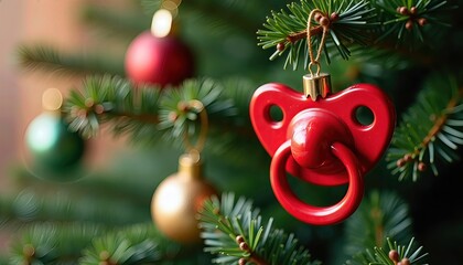 bright red baby pacifier hangs as a Christmas ornament on a green fir tree, surrounded by festive baubles. This cheerful image is perfect for holiday, family, parenting, and seasonal advertising