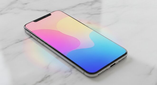 Modern Smartphone on Marble: A sleek, contemporary smartphone rests on a polished marble surface, with a vibrant, multicolored screen that creates visual interest. Emphasizing technology, design.
