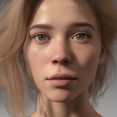 A highly detailed, hyper-realistic close-up portrait of an AI-generated human face. This digital artwork features lifelike skin textures, expressive eyes, and natural lighting.
