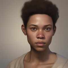 A highly detailed, hyper-realistic close-up portrait of an AI-generated human face. This digital artwork features lifelike skin textures, expressive eyes, and natural lighting.