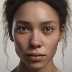 A highly detailed, hyper-realistic close-up portrait of an AI-generated human face. This digital artwork features lifelike skin textures, expressive eyes, and natural lighting.