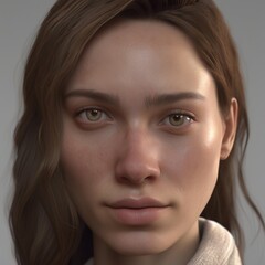 A highly detailed, hyper-realistic close-up portrait of an AI-generated human face. This digital artwork features lifelike skin textures, expressive eyes, and natural lighting.