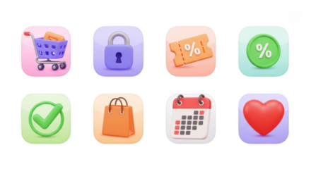 Collection of 8 diverse glossy app icons representing shopping security calendar health and more