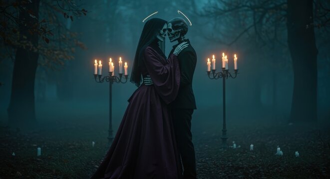romantic gothic couple embracing in eerie forest with candlelight on halloween night