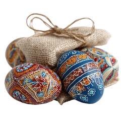 Beautifully decorated Easter eggs with intricate designs and traditional burlap bag
