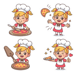 Cute cartoon girl chef making pizza in different poses