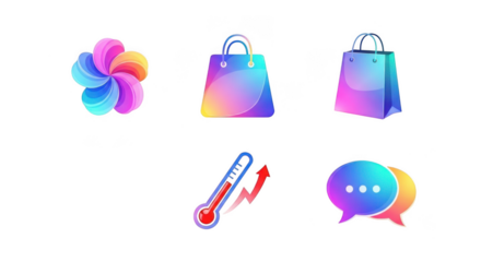 Vibrant abstract icons featuring flower shopping bag thermometer and speech bubbles