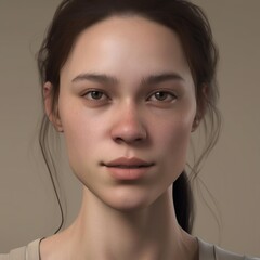 A highly detailed, hyper-realistic close-up portrait of an AI-generated human face. This digital artwork features lifelike skin textures, expressive eyes, and natural lighting.