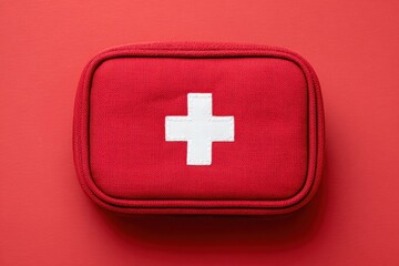 Fototapeta premium Red first aid kit with white cross on red background ready for travel and safety