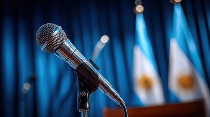 Microphone set up for a public speech in front of Argentine flags at a conference venue