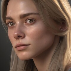 A highly detailed, hyper-realistic close-up portrait of an AI-generated human face. This digital artwork features lifelike skin textures, expressive eyes, and natural lighting.
