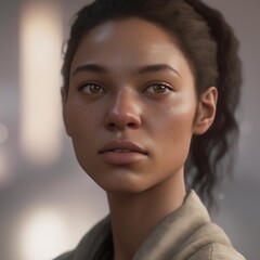 A highly detailed, hyper-realistic close-up portrait of an AI-generated human face. This digital artwork features lifelike skin textures, expressive eyes, and natural lighting.