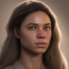 A highly detailed, hyper-realistic close-up portrait of an AI-generated human face. This digital artwork features lifelike skin textures, expressive eyes, and natural lighting.