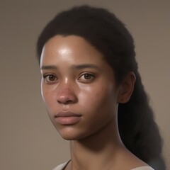 A highly detailed, hyper-realistic close-up portrait of an AI-generated human face. This digital artwork features lifelike skin textures, expressive eyes, and natural lighting.
