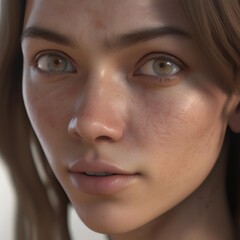 A highly detailed, hyper-realistic close-up portrait of an AI-generated human face. This digital artwork features lifelike skin textures, expressive eyes, and natural lighting.