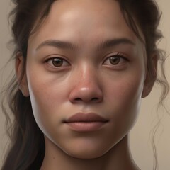 A highly detailed, hyper-realistic close-up portrait of an AI-generated human face. This digital artwork features lifelike skin textures, expressive eyes, and natural lighting.