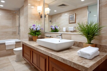 Fototapeta premium Modern bathroom interior featuring marble vanity and contemporary design