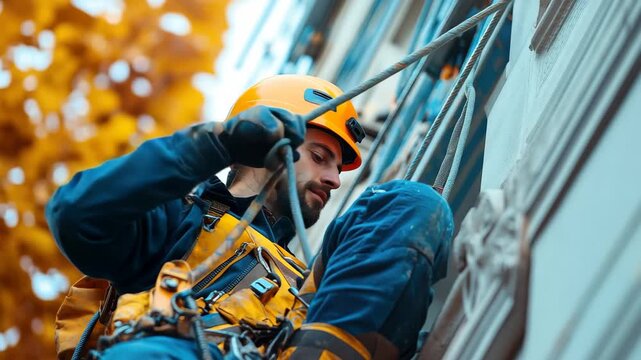 Construction worker rappelling on building facade during autumn, wearing safety gear and helmet