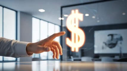 A hand reaches toward a glowing dollar sign in a modern office setting, suggesting financial growth or investment. - Powered by Adobe