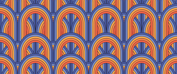 Retro styled groovy psychedelic background with rainbows.