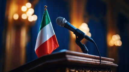 Italian flag and microphone set for a public speech in a grand hall during a formal event