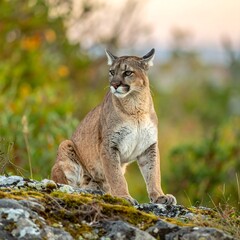 Obraz premium A cougar sits perched atop a rocky outcrop, head turned slightly to the side. Golden light bathes the scene, with out-of-focus foliage in the background
