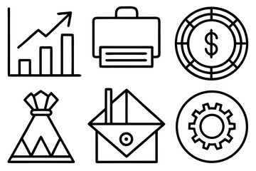 Simple Line Art Business Icons and Financial Elements Vector Set on White