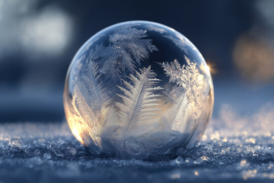 A frozen soap bubble with delicate ice crystal patterns resting on snow in soft winter light at sunrise - Powered by Adobe