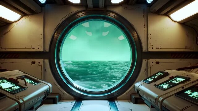 Futuristic interior view from a vessel, looking through a circular window at a stormy ocean; for concept art